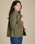 Denim Work Jacket in Surplus Green side view on Alex