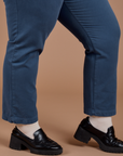 Side view Organic Work Pants in French Blue pant leg close up on Juliet