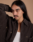 Cropped Corduroy Overshirt in Espresso Brown close up on Anthony