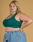 Contrast Stitch Mini Tank in Hunter Green side view on Juliet