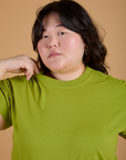 Organic Vintage Tee in Gross Green front close up on Ashley