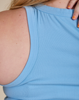 Back view close up of Racerback Tank in Baby Blue on Juliet