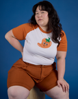 Produce Raglan Tee in Habanero worn by Ashley