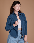 Angled front view of Cropped Corduroy Overshirt in French Blue on Alex