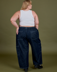 Back view of Denim Drop Pocket Pants in Dark Wash and Cropped Tank in Vintage Tee White on Juliet