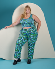 Juliet is wearing Cropped Tank Top in Angel Print and matching Work Pants