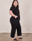 Petite Short Sleeve Jumpsuit in Basic Black side view on Ashley