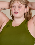 Racerback Tank in Summer Olive front close up on Juliet