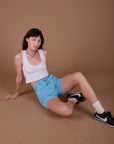 Classic Work Shorts in Baby Blue and vintage off white Cropped Tank on Alex
