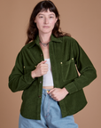 Cropped Corduroy Overshirt in Evergreen worn by Alex