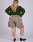 Pleated Trouser Shorts in Khaki Grey back view on Juliet