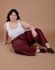 Drop Pocket Cargo Pants in Red Wine and Cropped Tank in Vintage Tee White on Ashley