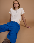 Heritage Trousers in Royal Blue and vintage off white Organic Vintage Tee on Grant