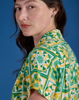 Spring Quilt Print Pantry Button-Up shoulder side view close up on Alex
