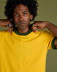 Close up of Vintage Ringer Tee in Sunshine Yellow on Jerrod
