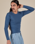Long Sleeve Baby Tee in French Blue angled front view on Anthony