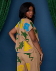 Angled back view of Paintstamped Pantry Button-Up in Froggy on Kandia