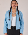 Anthony is 5’10 and wearing S Mechanic Jacket in Baby Blue