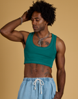 Jerrod is 6’3” and wearing M Contrast Stitch Mini Tank in Hunter Green