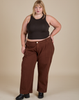 Juliet is wearing Racerback Tank in Espresso Brown and fudgesicle brown Work Pants