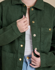 Denim Work Jacket in Swamp Green front close up on Hana