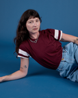 Painted Vintage Tee in Red Wine worn by Alex