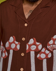Paintstamped Pantry Button-Up in Mushroom front close up on Jesse
