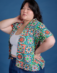 Angled front view of Quilt Print Pantry Button-Up on Ashley