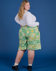 Longline Work Shorts in Spring Quilt Print angled back view on Juliet