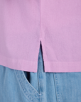 Pantry Button-Up in Lilac Purple side vent close up on Juliet
