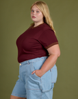 Side view of Vintage Ringer Tee in Red Wine on Juliet