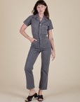 Alex is 5'8" and wearing XS Short Sleeve Jumpsuit in Washed Grey