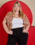 Hot Stuff Print Pantry Button-Up worn by Juliet with vintage white cami underneath