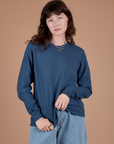 Alex is 5’8” and wearing P Long Sleeve Burly Tee in French Blue