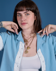 Front close up of Painted Pantry Button-Up in Baby Blue on Sydney