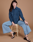 Cropped Corduroy Overshirt in French Blue and light wash Indigo Wide Leg Trouser on Alex