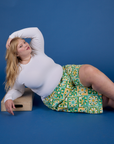 Longline Work Shorts in Spring Quilt Print and Long Sleeve Baby Tee in Vintage Tee White worn by Juliet