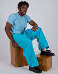 Drop Pocket Cargo Pants in Hawaiian Blue and baby blue Organic Vintage Tee on Isaac