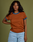 Kandia is 5’3” and wearing P Vintage Ringer Tee in Burnt Terracotta