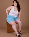 Classic Work Shorts in Baby Blue and vintage off white Cropped Tank worn by Ashley