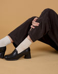 Corduroy Drop Pocket Cargo Pants in Espresso Brown pant leg close up on Alex
