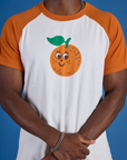 Produce Raglan Tee in Orange close up on Isaac