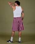 Back view of Longline Work Shorts in Bubblegum Pink and vintage tee white Cropped Tank on Jesse