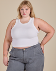Juliet is 5’7” and wearing L Racerback Tank in Vintage Tee White