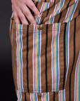 Striped Drop Pocket Pants in Retro Rainbow Close up of pant leg side pocket