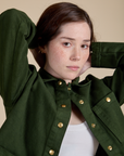 Denim Work Jacket in Evergreen close up on Hana