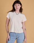 Alex is 5’8” and wearing P Organic Vintage Tee in Vintage Off White