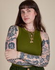 Close up of Racerback Tank in Summer Olive on Sydney