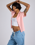 Pantry Button-Up in Baby Pink side view on Kira