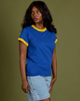 Vintage Ringer Tee in Royal Blue angled front view on Kandia